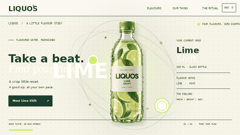 Animated preview showing all four LIQUOS bottle flavours
